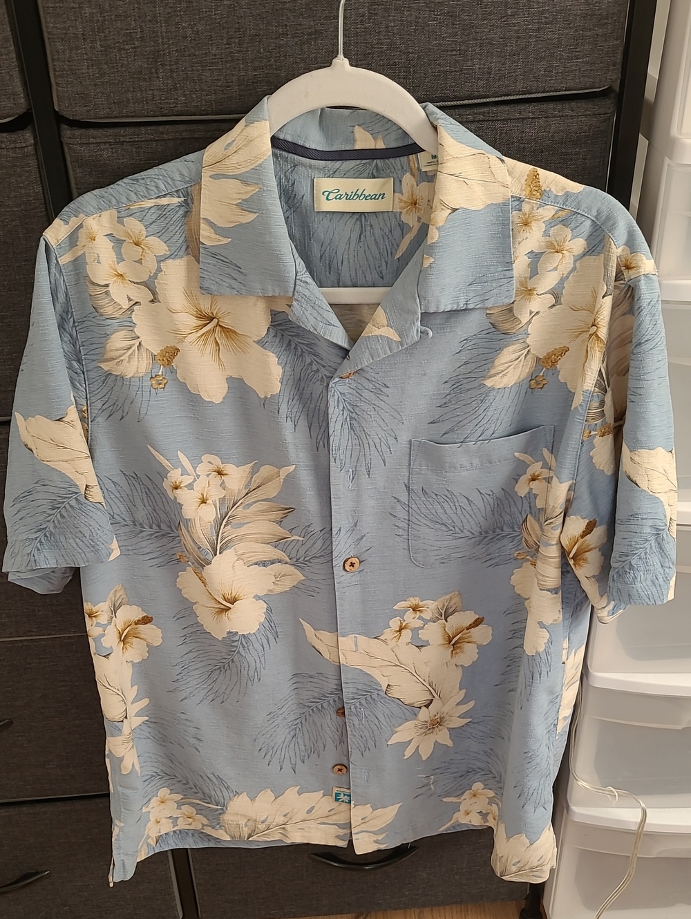 Caribbean Light Blue Floral Camp Shirt with Cream Blooms